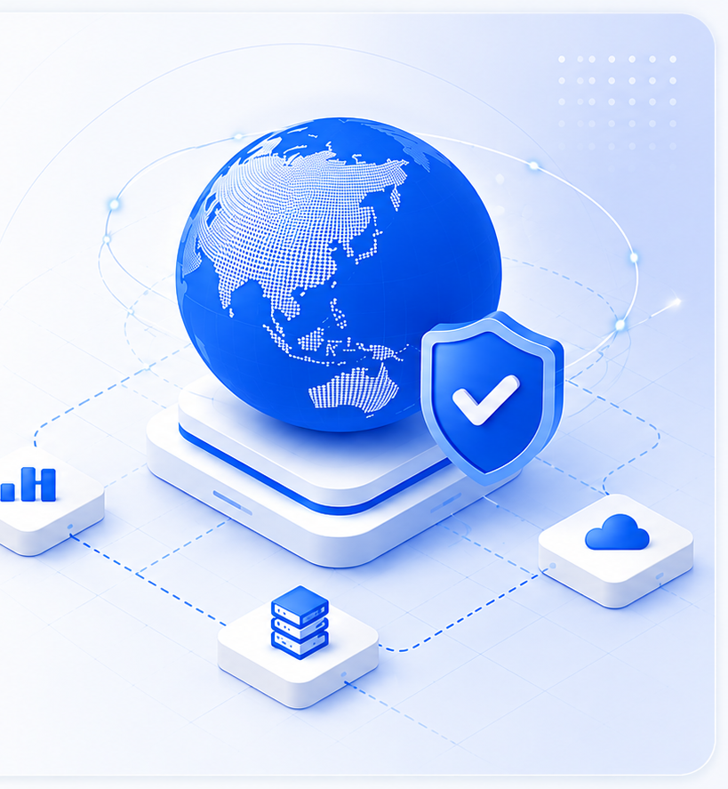 Global messaging platform with globe, security shield, servers, and cloud nodes