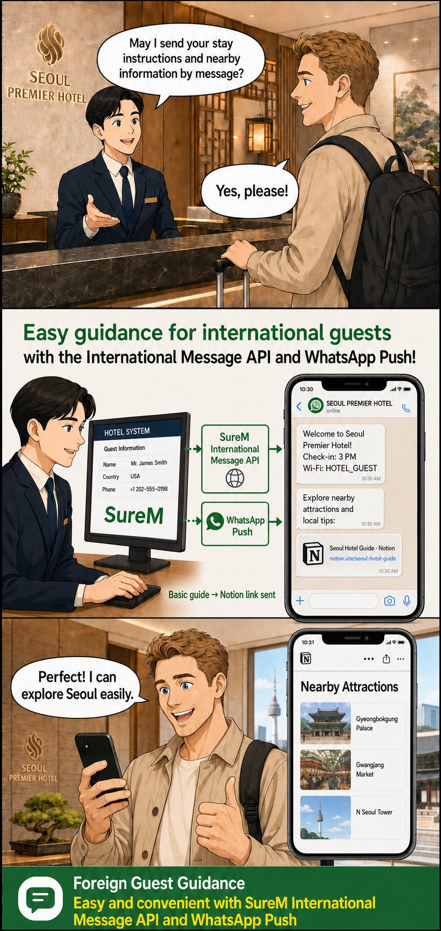 Foreign guest guidance example for hotel stay instructions and nearby attractions